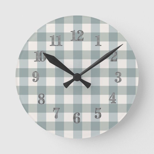 Sage Green Plaid Country Farmhouse Gingham Decor Round Clock (Front)