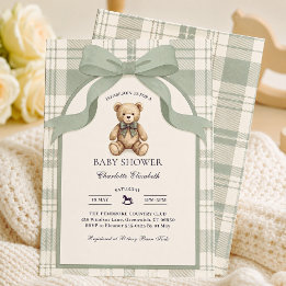 Sage Green Plaid Gingham Teddy Bear Baby Shower Invitation