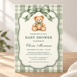Sage Green Plaid Gingham Teddy Bear Baby Shower Invitation