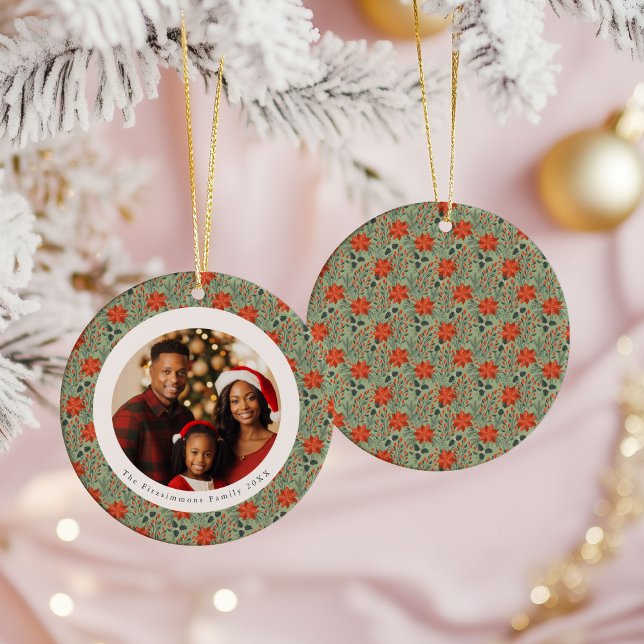 Sage Green Poinsettia 1 Family Photo Christmas Ceramic Ornament (Poinsettia Season 1 Sided Photo Christmas Ornament sage green)