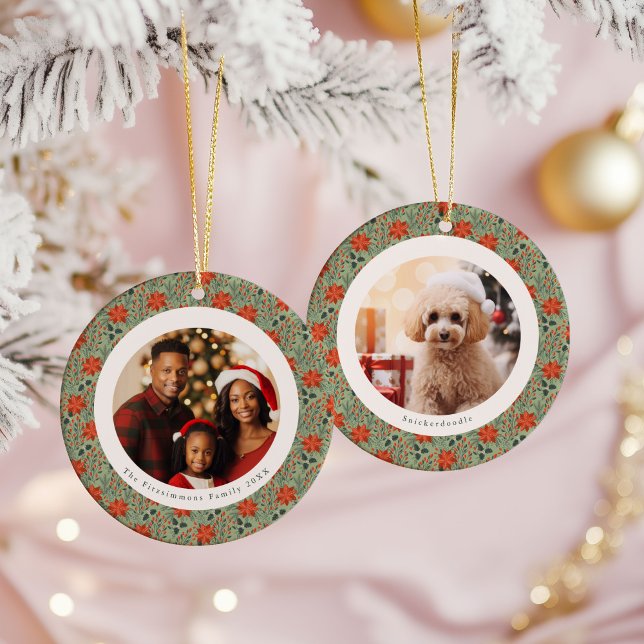 Sage Green Poinsettia 2 Family Photos Christmas Ceramic Ornament (Poinsettia Season 2 Photo Christmas Ornament sage green)