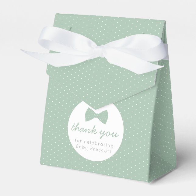 Sage green polka dot bow tie baby shower favour box (Front Side)