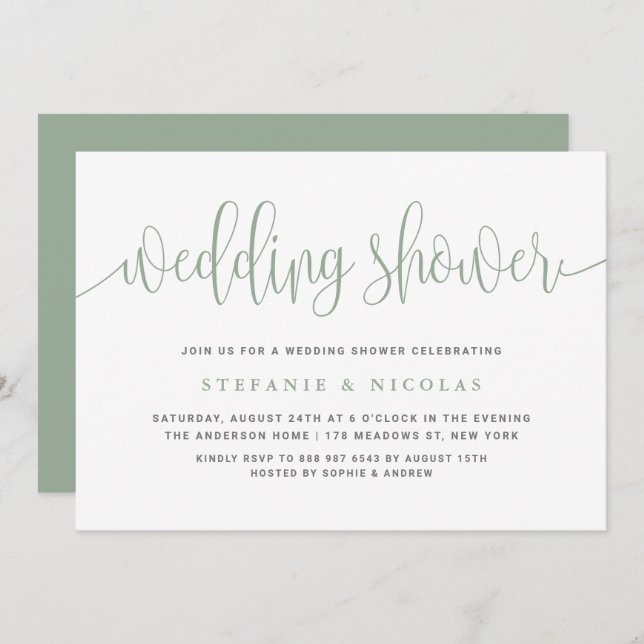 Sage Green Pretty Calligraphy Wedding Shower Invitation (Front/Back)