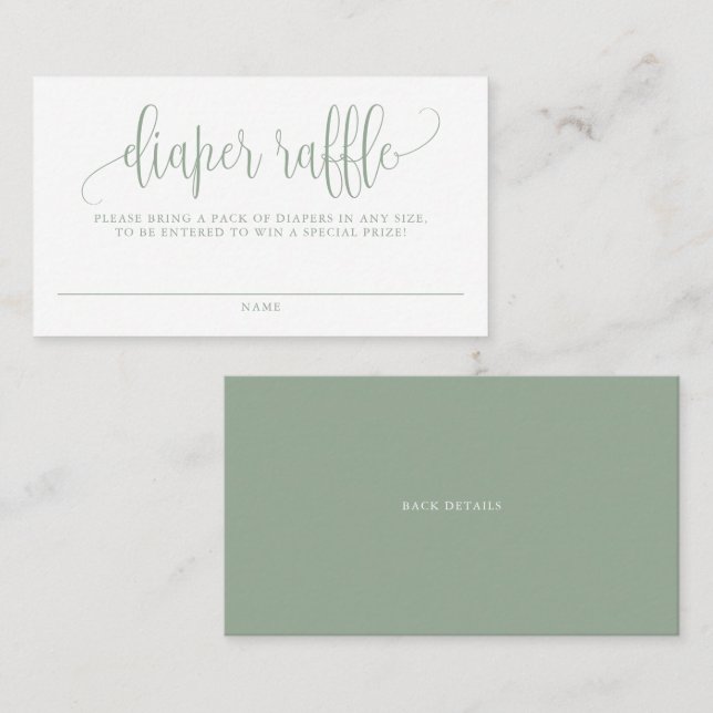 Sage Green Pretty Script Baby Shower Diaper Raffle Business Card (Front/Back)
