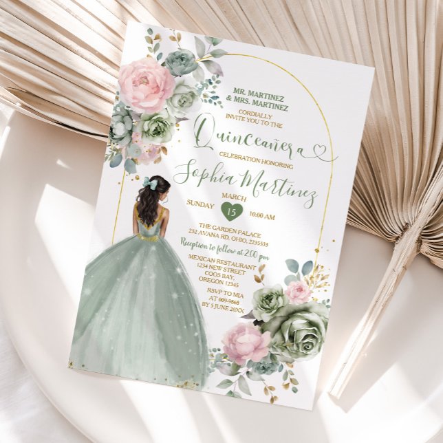 Sage Green Princess Dress Pink Floral Quiñceanera Invitation (Creator Uploaded)