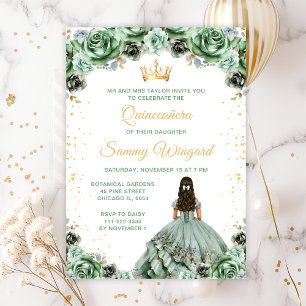 Sage Green Princess Floral Quinceañera Invitation