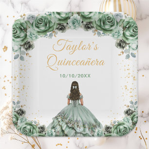 Sage Green Princess Floral Quinceañera Paper Plate