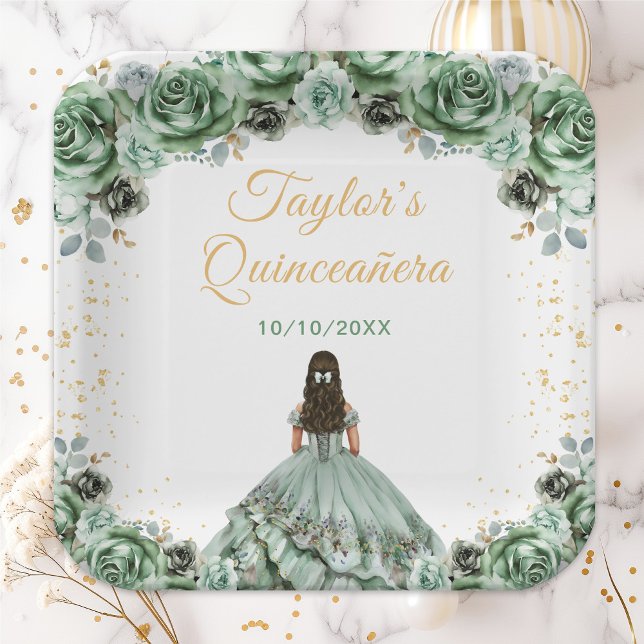 Sage Green Princess Floral Quinceañera Paper Plate (Creator Uploaded)