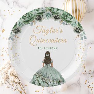 Sage Green Princess Floral Quinceañera Paper Plate