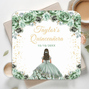 Sage Green Princess Floral Quinceañera Square Paper Coaster