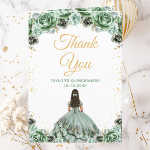 Sage Green Princess Floral Quinceañera Thank You Card