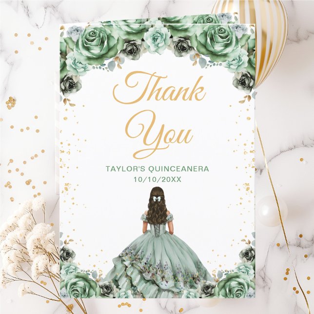 Sage Green Princess Floral Quinceañera Thank You Card (Creator Uploaded)