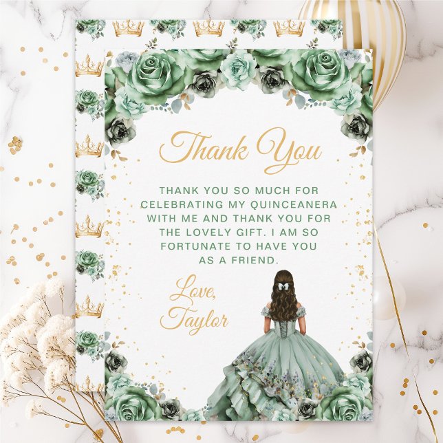 Sage Green Princess Floral Quinceañera Thank You Card (Creator Uploaded)