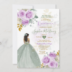 Sage Green Princess Purple Floral Gold Quiñceanera Invitation