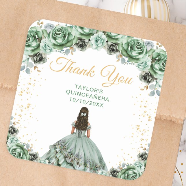 Sage Green Princess Quinceañera Thank You Square Sticker (Creator Uploaded)
