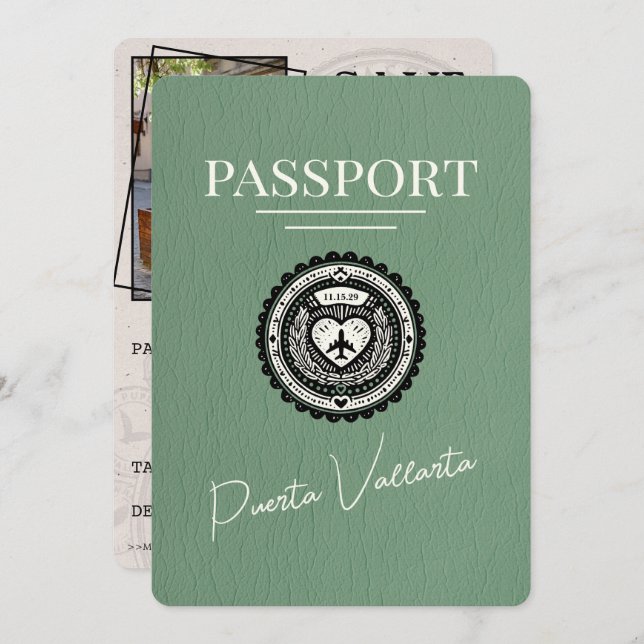 Sage Green Puerta Vallarta Passport Save The Date (Front/Back)