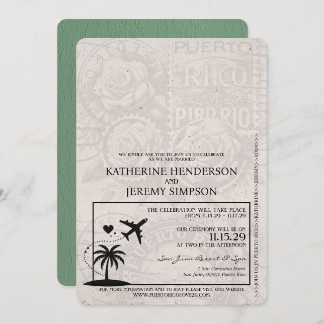 Sage Green Puerto Rico Passport Wedding Invitation (Front/Back)