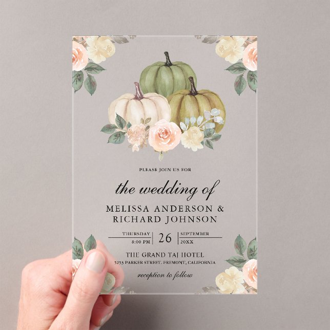 Sage Green Pumpkin and Dusty Peach Floral Wedding Acrylic Invitations (Insitu (Handheld))