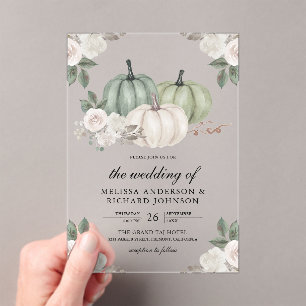 Sage Green Pumpkin and White Floral Wedding Acrylic Invitations