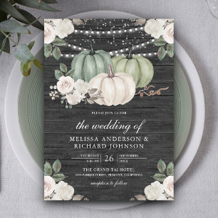 Sage Green Pumpkin and White Floral Wood Wedding Invitation