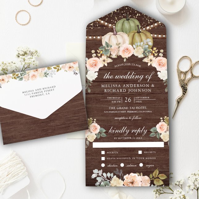 Sage Green Pumpkin Dusty Peach Floral Wood Wedding All In One Invitation (Creator Uploaded)
