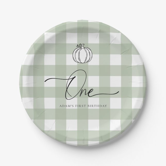 Sage Green Pumpkin First Birthday Paper Plate (Front)