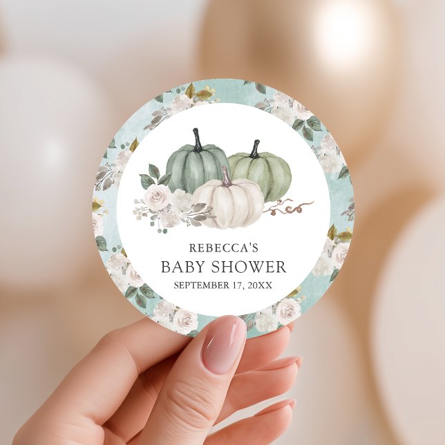 Sage Green Pumpkin Floral Fall Baby Shower Classic Round Sticker (Creator Uploaded)