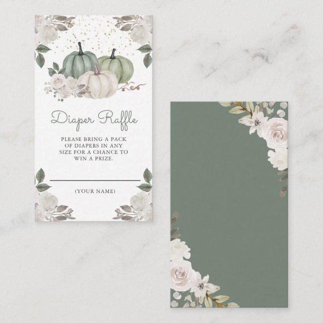 Sage Green Pumpkin Floral Fall Diaper Raffle Enclosure Card (Front/Back)