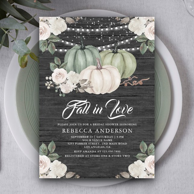 Sage Green Pumpkin Floral Fall Wood Bridal Shower Invitation (Creator Uploaded)