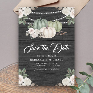 Sage Green Pumpkin Floral Wood Wedding Save The Date