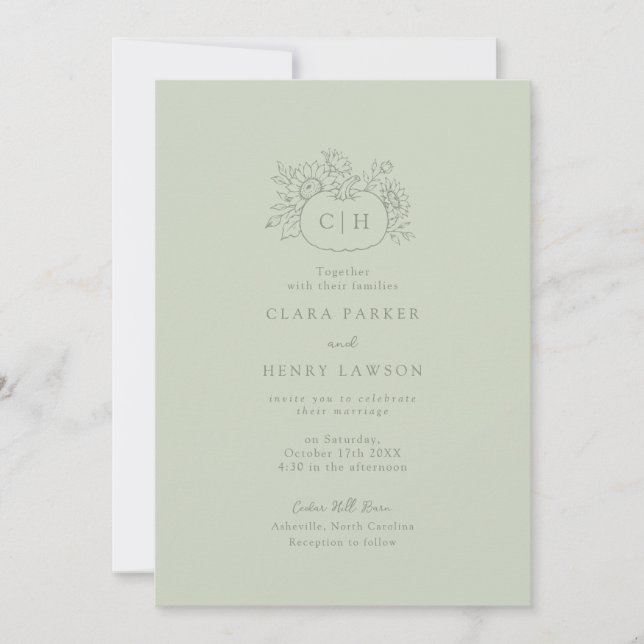 Sage Green Pumpkin Monogram Wedding Invitation (Front)