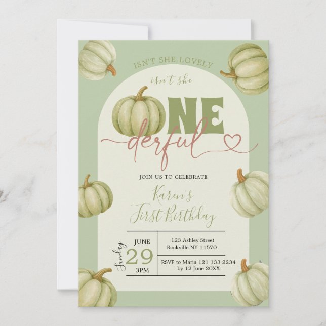 Sage Green Pumpkin Onederful 1st Birthday Invitation (Front)