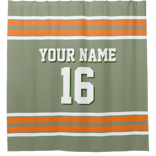Sage Green Pumpkin Orange Stripes Sports Jersey Shower Curtain (Front)