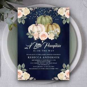 Sage Green Pumpkin Peach Floral Navy Baby Shower Invitation