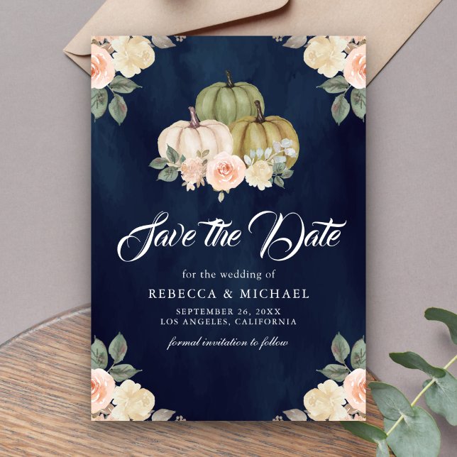 Sage Green Pumpkin Peach Floral Navy Wedding Save The Date (Creator Uploaded)