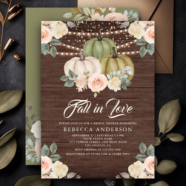 Sage Green Pumpkin Peach Floral Wood Bridal Shower Invitation (Creator Uploaded)