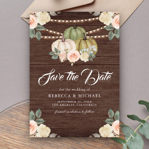 Sage Green Pumpkin Peach Floral Wood Wedding Save The Date