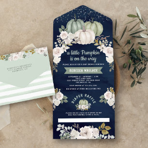 Sage Green Pumpkin White Floral Navy Baby Shower All In One Invitation
