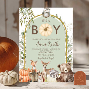 Sage Green Pumpkin Woodland Animals Baby Shower Invitation