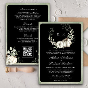 Sage Green Pumpkin Wreath QR Code Black Wedding Invitation