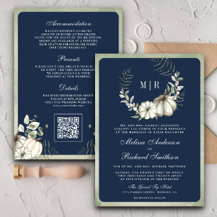 Sage Green Pumpkin Wreath QR Code Navy Wedding Invitation