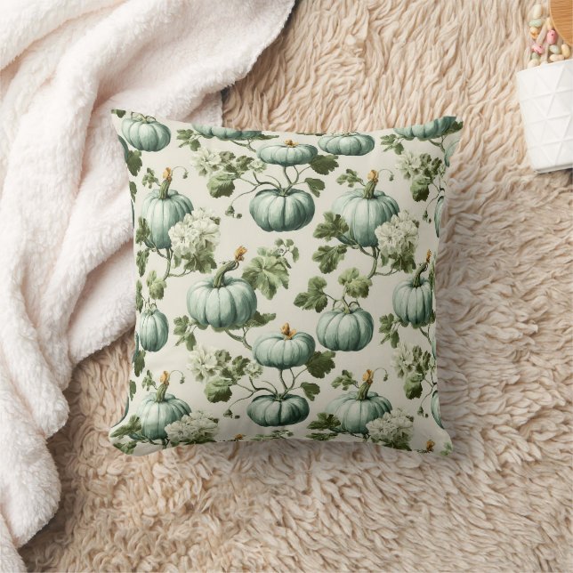 Sage Green Pumpkins & Autumn Florals Cushion (Blanket)