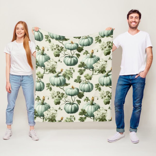 Sage Green Pumpkins & Autumn Florals Fleece Blanket (In Situ)