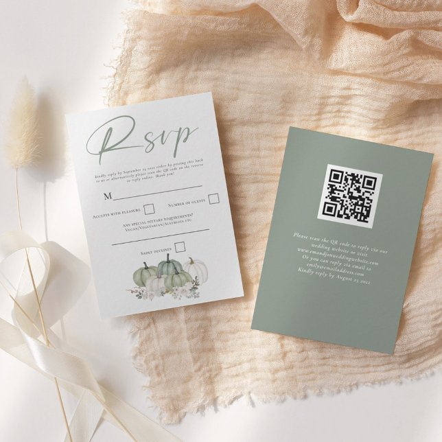 Sage Green Pumpkins Fall Florals Script QR Code RSVP Card (Creator Uploaded)