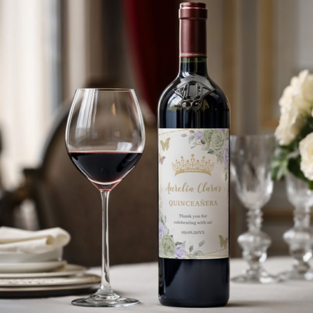 Sage Green Purple Floral Gold Quinceañera Birthday Wine Label (Creator Uploaded)