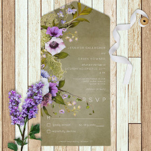 Sage Green & Purple Floral Modern No Dinner All In One Invitation