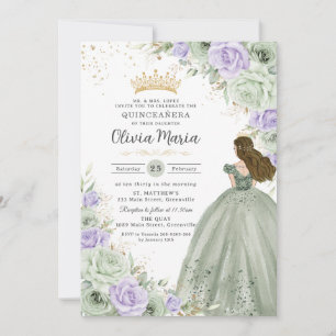 Sage Green Purple Floral Princess Gown Quinceañera Invitation