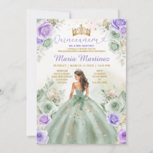 Sage Green & Purple Flowers Princess Quinceañera Invitation