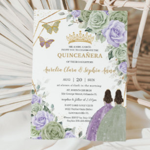 Sage Green Purple Lavender Floral Twin Quinceañera Invitation