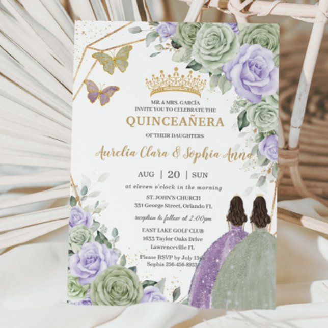 Sage Green Purple Lavender Floral Twin Quinceañera Invitation (Creator Uploaded)